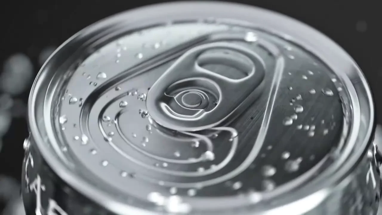 Macro shot of the can's steel lid and pulled tab, beaded with water