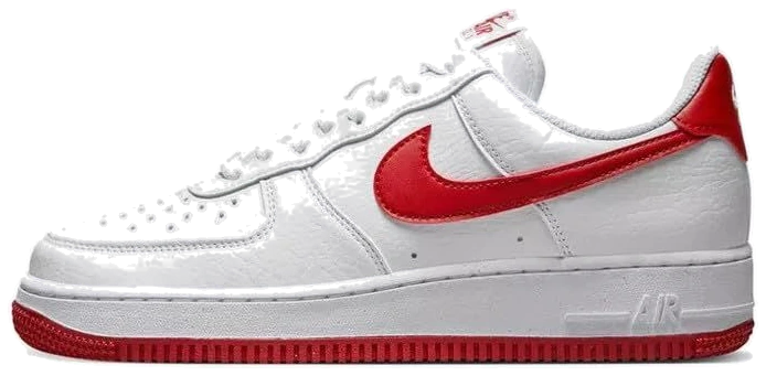 Nike Air Force 1 Low in white leather with a red swoosh and red outsole, side view