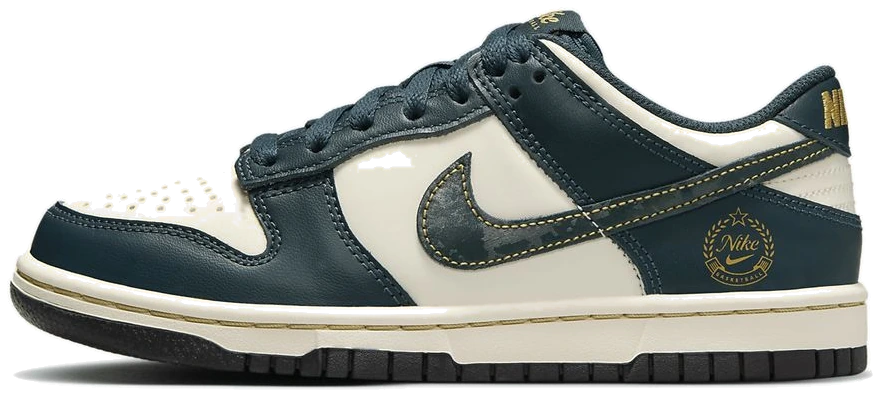 Nike SB Dunk Low in dark teal green and sail leather with gold stitching and a gold heel crest, side view