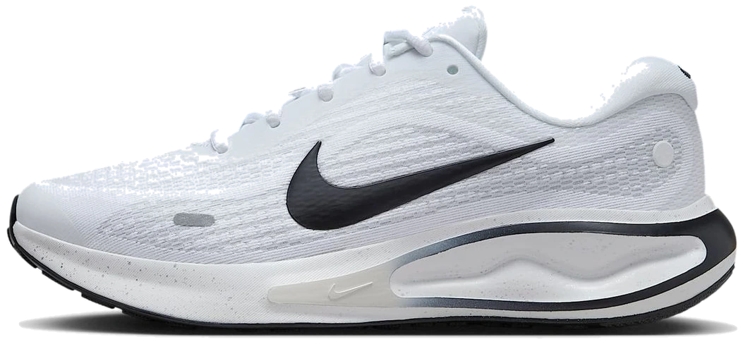 Nike Structure 26 road running shoe in white engineered mesh with a black swoosh and speckled foam midsole, side view